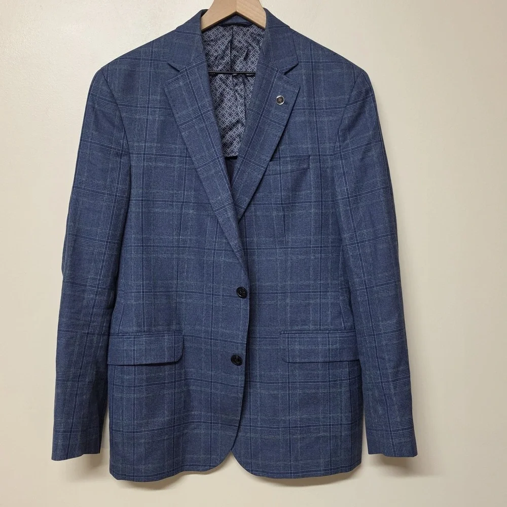 Ted Baker Endurance Blue Windowpane Sport Coat Blazer 42R Wool Silk Unstructured